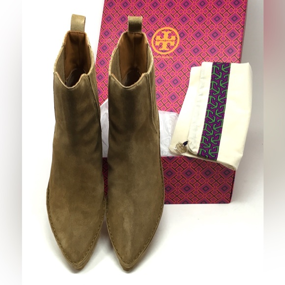 Tory Burch Lila Heeled Ankle Boot Natural Suede Alice Brown - Picture 3 of 15